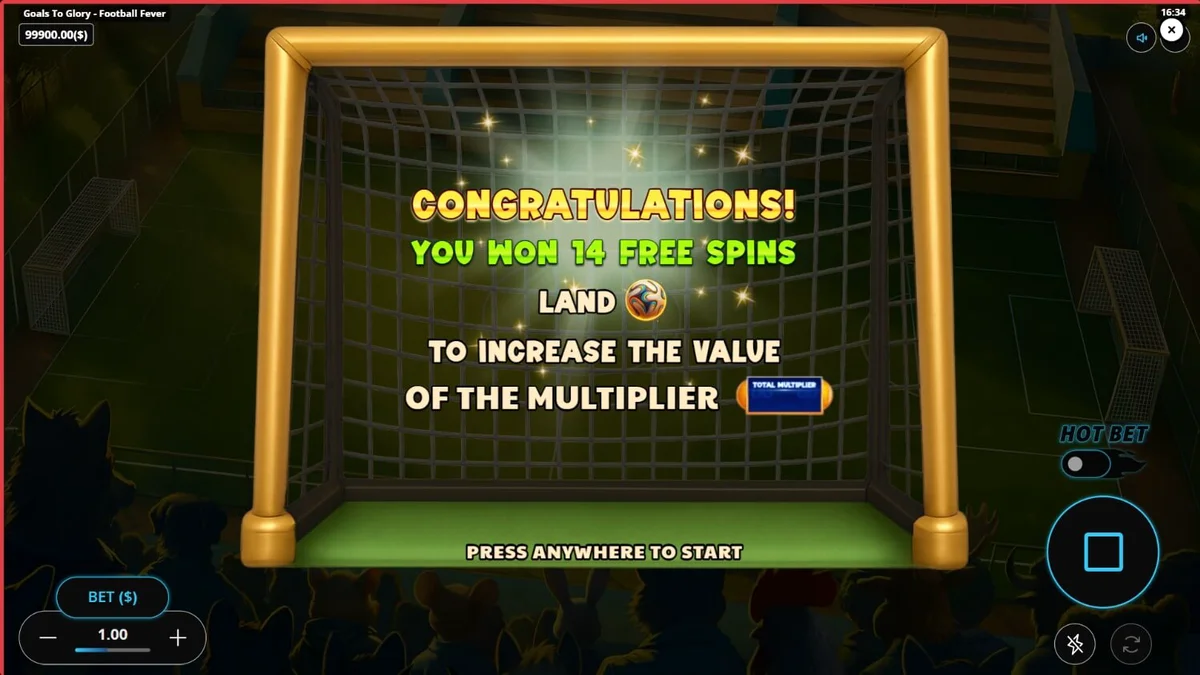 Tampilan antarmuka slot Goals to Glory Football Fever dengan karakter hewan pemain sepak bola